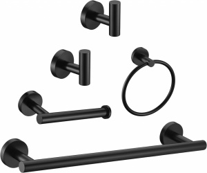 Set 5 carlige tip cuier de baie, inel,bara pentru prosoape, suport pentru role de toaleta, carlige pentru halat, inox, negru, eR D L - Img 1