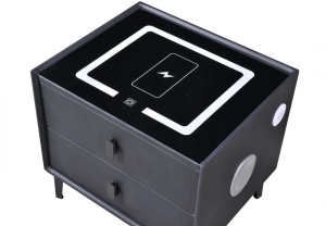 Noptiera inteligenta cu incarcare wireless, lumini LED reglabile, difuzore Bluetooth, 2 sertare de depozitare, marime 40x40x46cm, negru, eR D L - Img 3