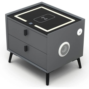 Noptiera inteligenta cu incarcare wireless, lumini LED reglabile, difuzore Bluetooth, 2 sertare de depozitare, marime 40x40x46cm, gri, eR D L