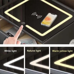 Noptiera inteligenta cu incarcare wireless, lumini LED reglabile, difuzore Bluetooth, 2 sertare de depozitare, marime 40x40x46cm, negru, eR D L - Img 9
