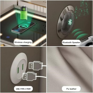 Noptiera inteligenta cu incarcare wireless, lumini LED reglabile, difuzore Bluetooth, 2 sertare de depozitare, marime 40x40x46cm, negru, eR D L - Img 6