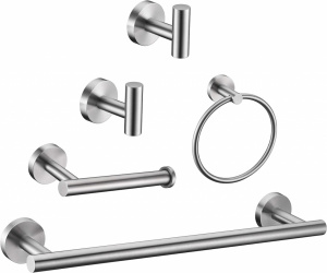 Set 5 carlige tip cuier de baie, inel,bara pentru prosoape, suport pentru role de toaleta, carlige pentru halat, inox, crom, eR D L - Img 1