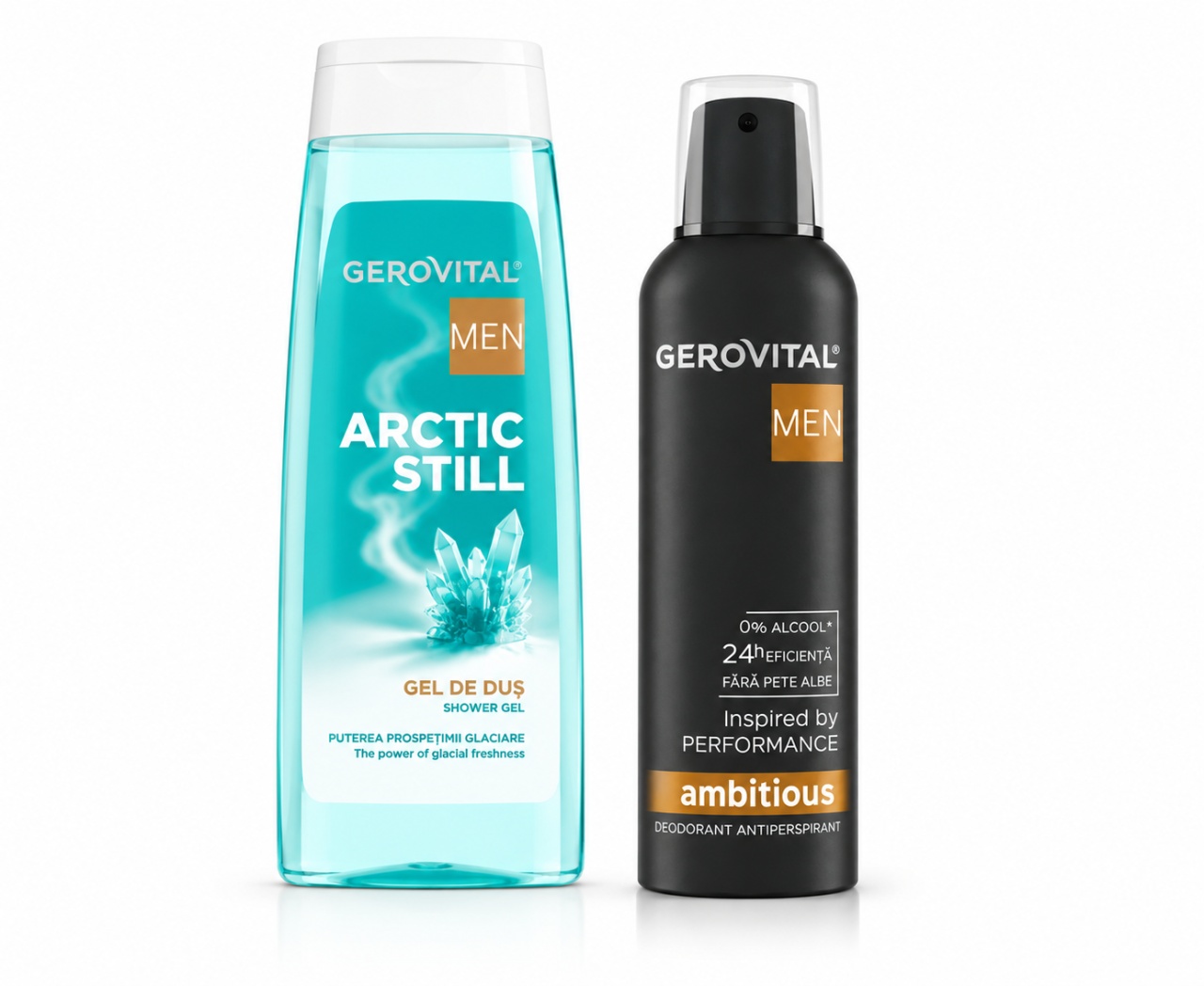 Original GEROVITAL Men Pachet Arctic Still – Gel de duș 400 ml + Deodorant Antiperspirant Ambitious 150 ml, Farmec - Ieftin Produse de îngrijire personală FARMEC