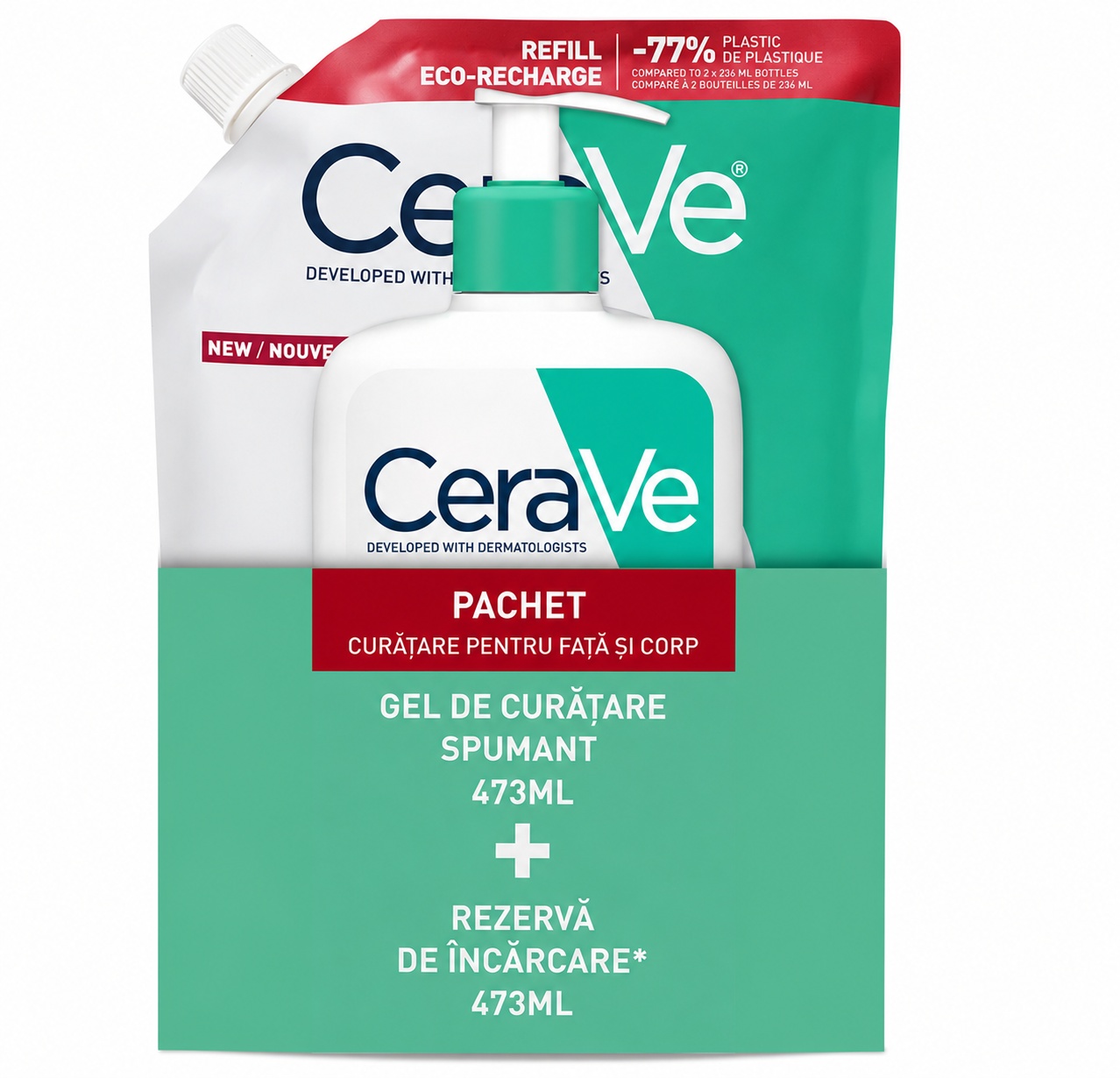 Super Pret CeraVe Gel de Curățare Spumant 473 ml + Rezervă Gel de Curățare Spumant 473 ml, Pachet Avantajos - Best Value Cerave CERAVE