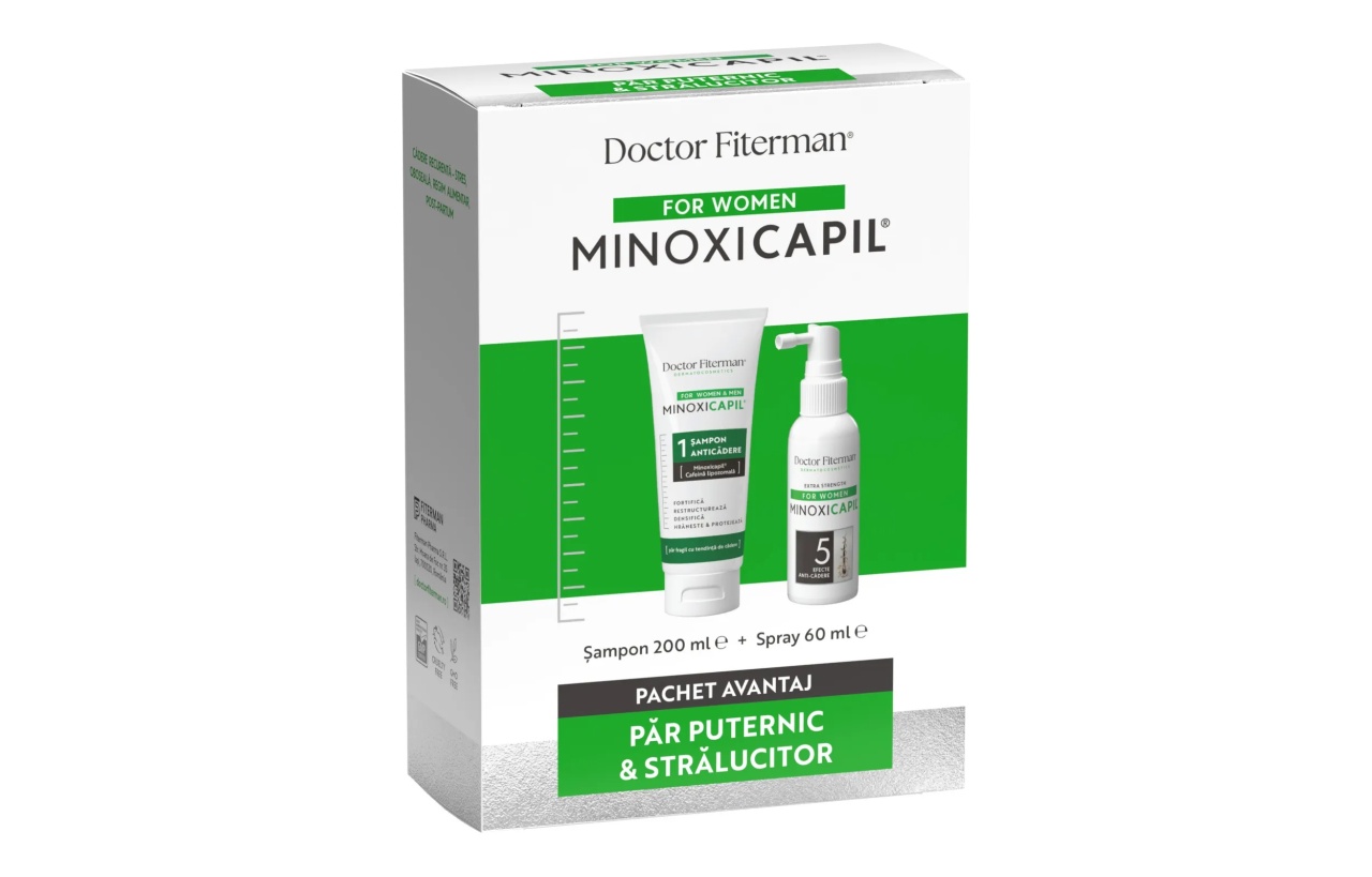 Selectie Pachet Spray impotriva caderii parului pentru femei Minoxicapil, 60ml + Sampon impotriva caderii parului Minoxicapil, 200ml, Fiterman - Livrare 24h Produse de îngrijire personală FITERMAN PHARMA
