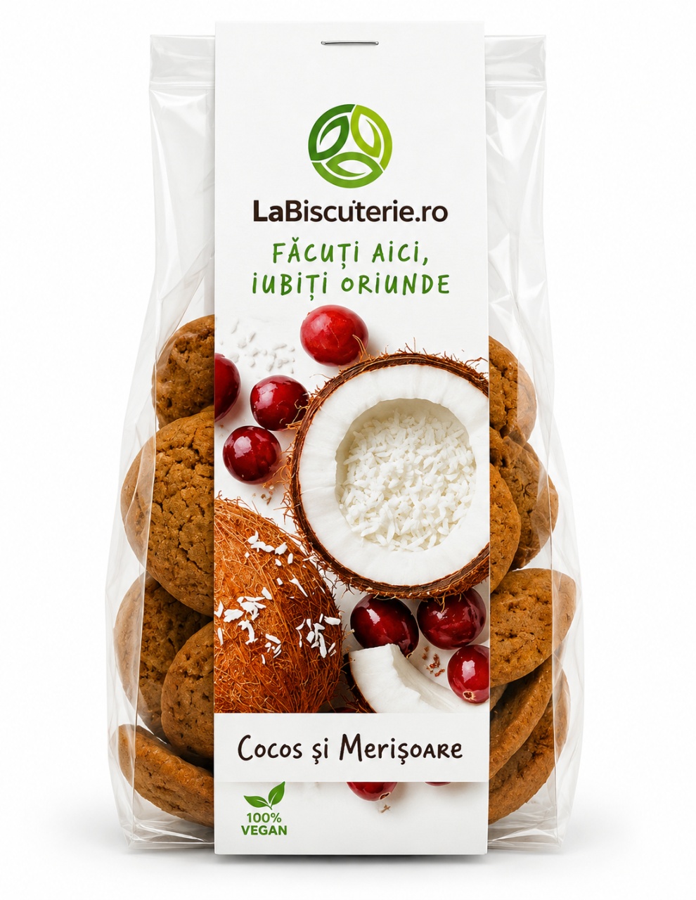 Biscuiți Vegani cu Cocos și Merișoare, 140 g, LaBiscuiterie