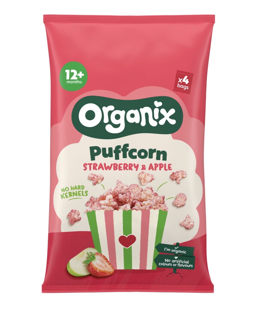 Puffcorn Bio Snack Căpșuni și Mere, 12L+, 10 g × 4 Bucăți, Organix – Pachet Avantajos