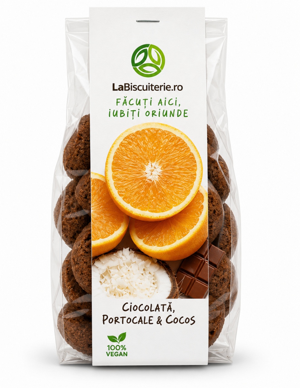 Biscuiți Vegani cu Ciocolata, Portocale și Cocos, 140 g, LaBiscuiterie