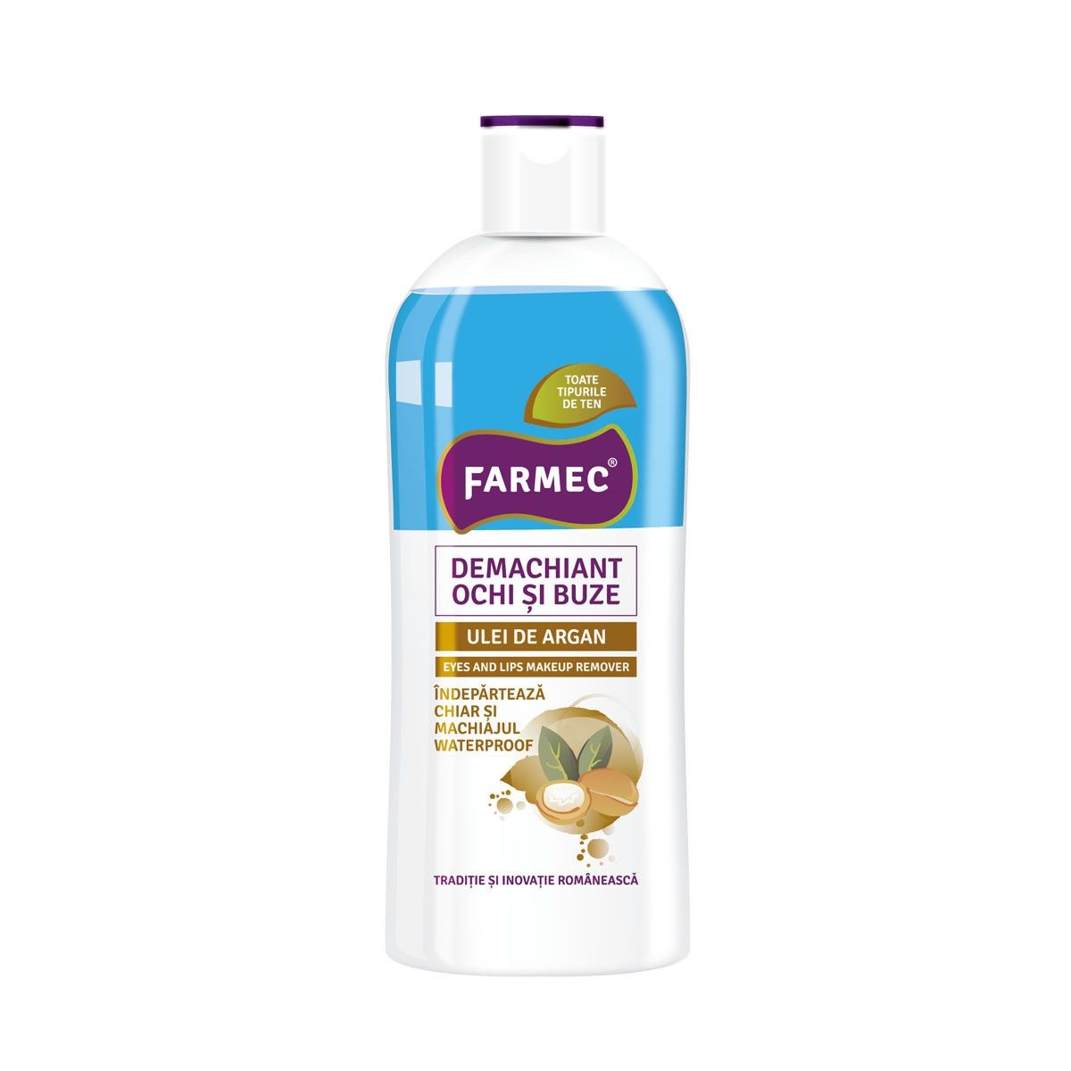 Disponibil Demachiant bifazic pentru ochi si buze cu ulei de argan, 150 ml, Farmec 535 - Garantat Produse de îngrijire personală FARMEC