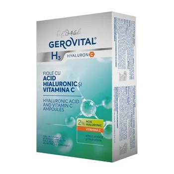 Disponibil Fiole cu acid hialuronic si vitamina C Gerovital H3 Hyaluron C, 10 fiole, Farmec - Livrare 24h Produse de îngrijire personală FARMEC Disponibil Fiole cu acid hialuronic si vitamina C Gerovital H3 Hyaluron C, 10 fiole, Farmec - Livrare 24h Produse de îngrijire personală FARMEC