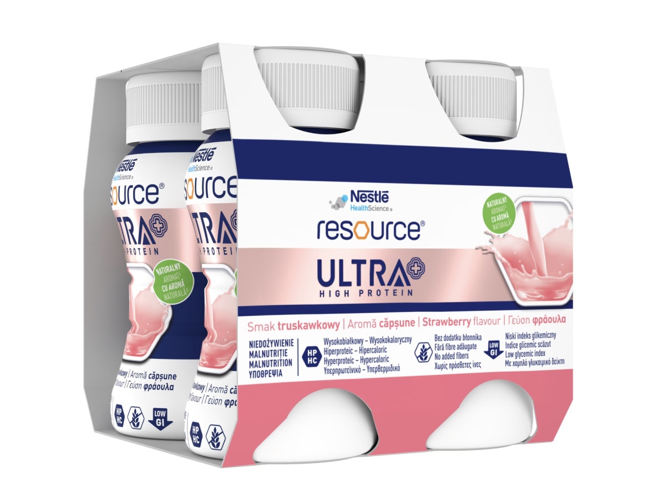 Nestlé Resource® Ultra+ High Protein cu Aromă de Căpșuni, 4 x 125 ml