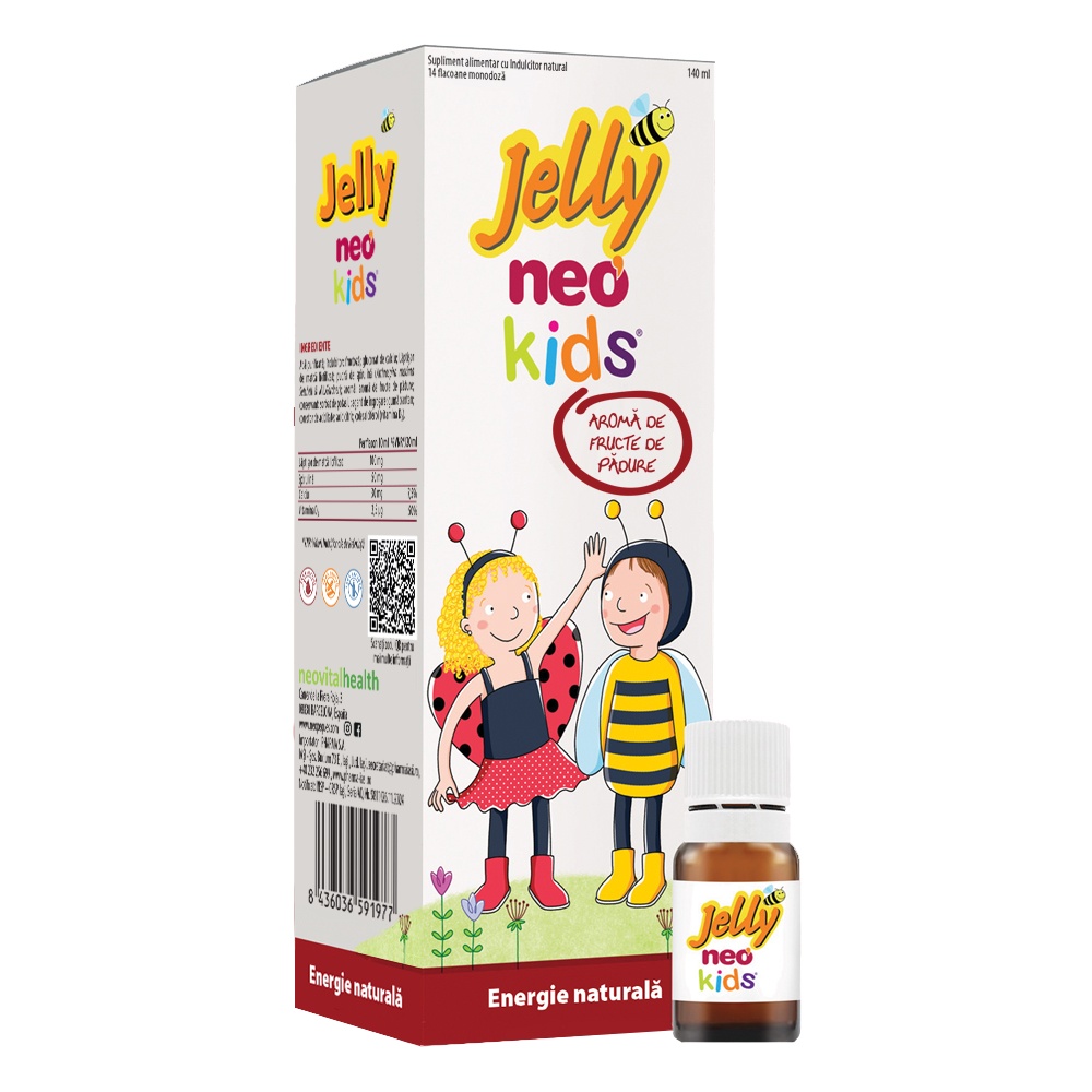 Sirop Jelly Neo Kids pentru creștere cu lăptișor de matcă și spirulină, 10 ml x 14 flacoane, Neo Kids