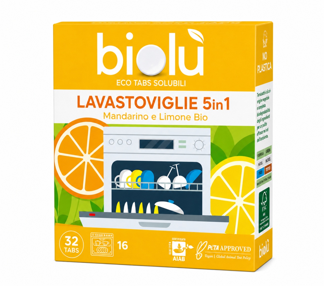 Nou Tablete pentru Mașina de Spălat Vase 5 în 1 cu Mandarine și Lămâie Eco, 76 g, 32 Bucăți, Biolù - Pret Bun Produse de îngrijire personală Biolu