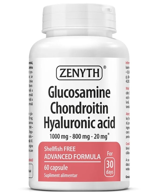 Glucozamină 1000 mg + Condroitină 800 mg + Acid Hialuronic 20 mg, 60 Capsule, Zenyth