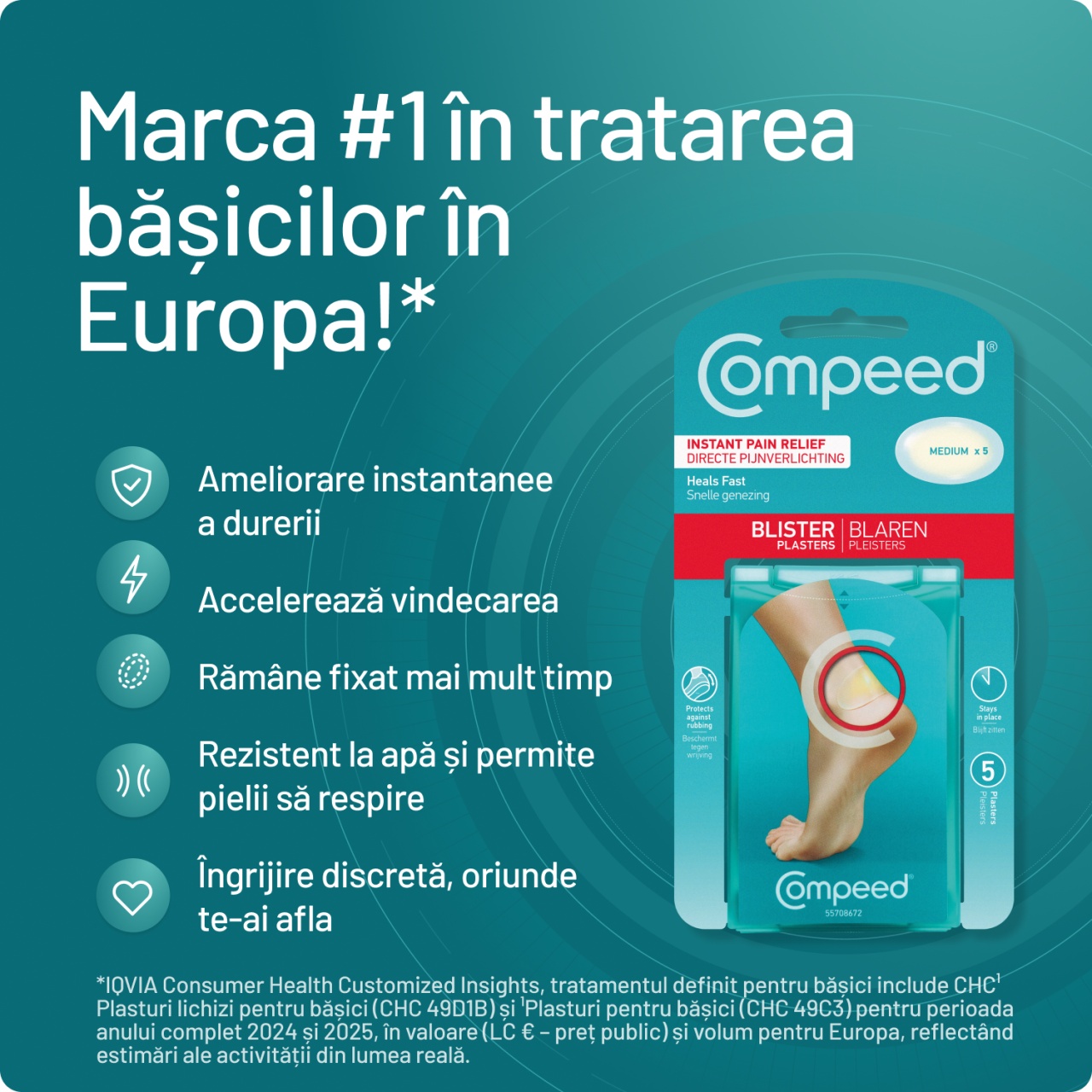 Plasturi medii pentru bășici, 5 bucati, Compeed