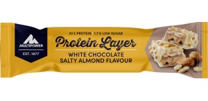 Baton Protein Layer cu ciocolata alba si migdale sarate, 50g, Multipower