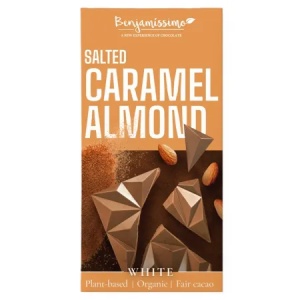 Ciocolata alba Bio cu migdale si caramel sarat, 60 g, Benjamissimo - Img 2