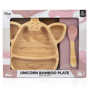 Farfurie din bambus cu 4 compartimente + lingura mare - Unicorn Pink, Citron - Img 3