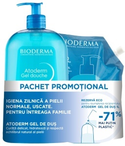 Gel de dus Atoderm + Rezerva eco gel de dus Atoderm Pachet, 1000 ml + 1000 ml, Bioderma