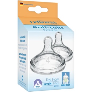 Tetina din silicon pentru biberoane cu gat larg, 9 luni+, Nivel 4, 2 bucati, 367, Dr. Browns