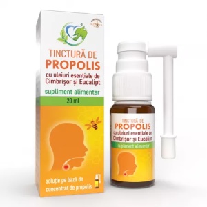 Tinctura de propolis cu uleiuri esentiale de cimbrisor si eucalipt, 20ml, Justin Pharma