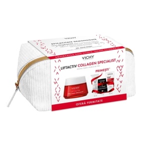 Pachet Crema de zi Liftactiv Collagen Specialist, 50ml + Fluid cu SPF 50+ Capital Soleil, 15ml + Fond de ten Dermablend, 25 Nude, 1ml + Sampon Aminexil Dercos, 50ml, Vichy