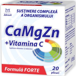 Calciu, Magneziu, Zinc + Vitamina C Forte, 20 plicuri, Zdrovit