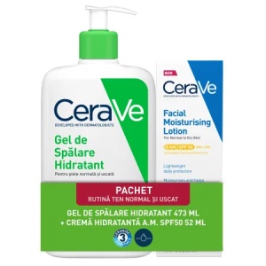 Pachet Gel de spalare hidratant, 473ml + Crema hidratanta pentru fata cu SPF50, 52ml, CeraVe