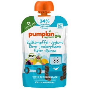 Piure bio de cartofi dulci, iaurt, pere, prune uscate, ovaz si quinoa 10l+, 100g, Pumpkin Organics
