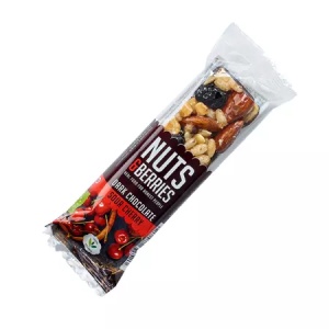 Baton crocant Sour Cherry & Dark Chocolate cu nuci, ciocolata neagra si visine eco, 40g, Nutsandberries