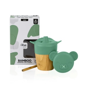 Cana din bambus cu pai si capac - Green, 180ml, Citron