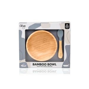 Castron din bambus cu ventuza de silicon + lingura - Dusty Blue, Citron - Img 2