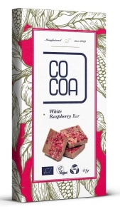Ciocolata alba bio cu zmeura, 45g, Cocoa