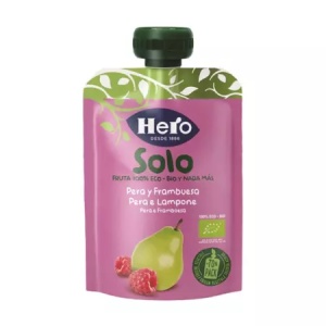 Gustare bio cu pare si zmeura Solo, 4luni+, 100g, Hero
