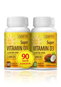 Pachet Vitamina D3, 2000 UI, 60+30 capsule cadou, Zenyth