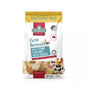 Paste in forma de animale din orez si porumb, 350g, Orgran