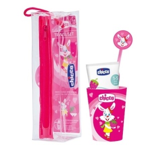 Set travel periuta de dinti 3-6ani + pasta de dinti12l+, roz/albastru, Chicco