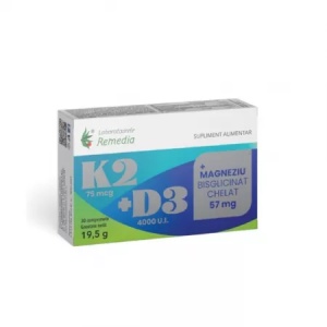 Vitamina K2 75mg + D3 4000ui, 30 comprimate, Remedia