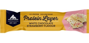 Baton Protein Layer cu ciocolata alba si capsuni, 50g, Multipower