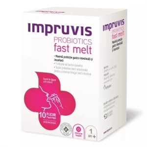 Cadou IMPRUVIS Probiotics fast melt capsuni si zmeura, 10 plicuri, Pharma Brands