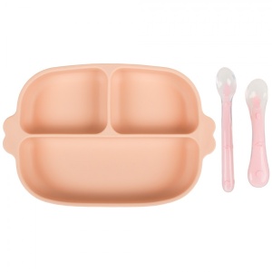 Set hranire bebe farfurie silicon si tacamuri, roz, KidsCare