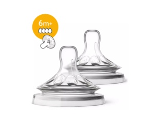 Tetina Natural din silicon cu 4 orificii 6luni+ SCF044/27, 2 bucati, Philips Avent