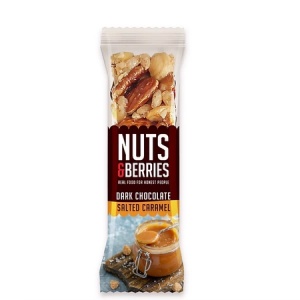 Baton crocant Salted Caramel & Dark Chocolate cu nuci, ciocolata neagra si caramel sarat eco, 40g, Nutsandberries