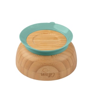 Castron din bambus cu ventuza de silicon + lingura mica - Dusty Green, Citron - Img 2