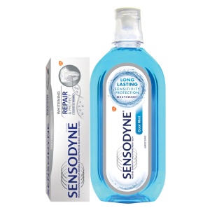 Pachet pasta de dinti Sensodyne Repair & Protect Whitening, 75ml + Apa de gura Cool Mint, 500ml, GSK