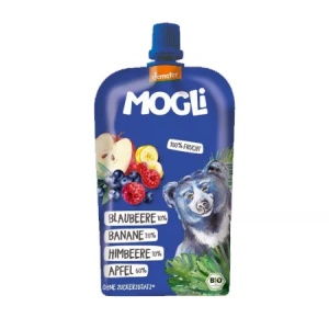 Piure eco mere, banane, afine, zmeura, 120g, Mogli