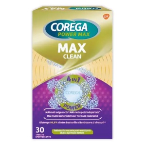 Tablete efervescente Max Clean pentru curatarea zilnica a protezei, 30 tablete, Corega