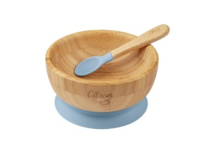 Castron din bambus cu ventuza de silicon + lingura - Dusty Blue, Citron