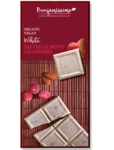 Ciocolata bio alba migdale sarate si merisor, 70g, Benjamissimo