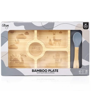 Farfurie din bambus cu 3 compartimente + lingura - Dusty Blue, Citron - Img 2